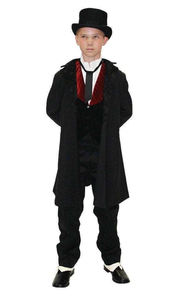 Model wearing the Lewis Carroll Children's Victorian Costume, featuring a black frock coat, velvet vest with red lapels, Victorian trousers, and a classic top hat, perfect for historical reenactments, theatrical performances, and themed events.