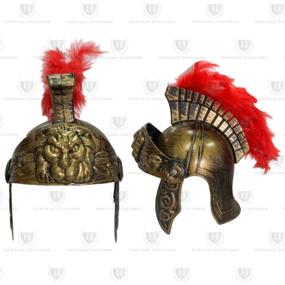 oman Commander Helmet featuring a sturdy gold-hued design with a molded lion medallion and a detachable red feather crest, perfect for historical reenactments, cosplay, and Roman warrior costumes