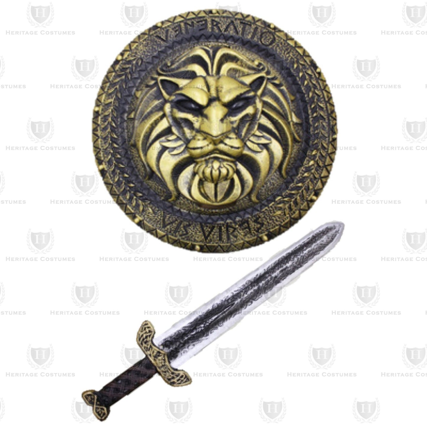 Roman Shield and Sword Set featuring an 18-inch molded shield with a lion medallion and a 26-inch silver-painted sword, perfect for historical reenactments, cosplay, and Roman warrior costumes