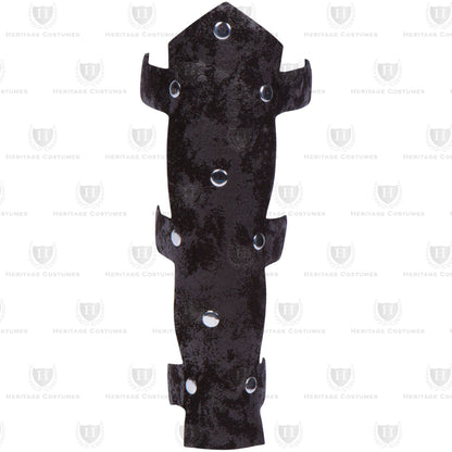 Roman Warrior Leg Guards crafted from distressed faux suede with black vinyl trim, designed for an authentic battle-ready look, perfect for historical reenactments, cosplay, and Roman-themed costumes.