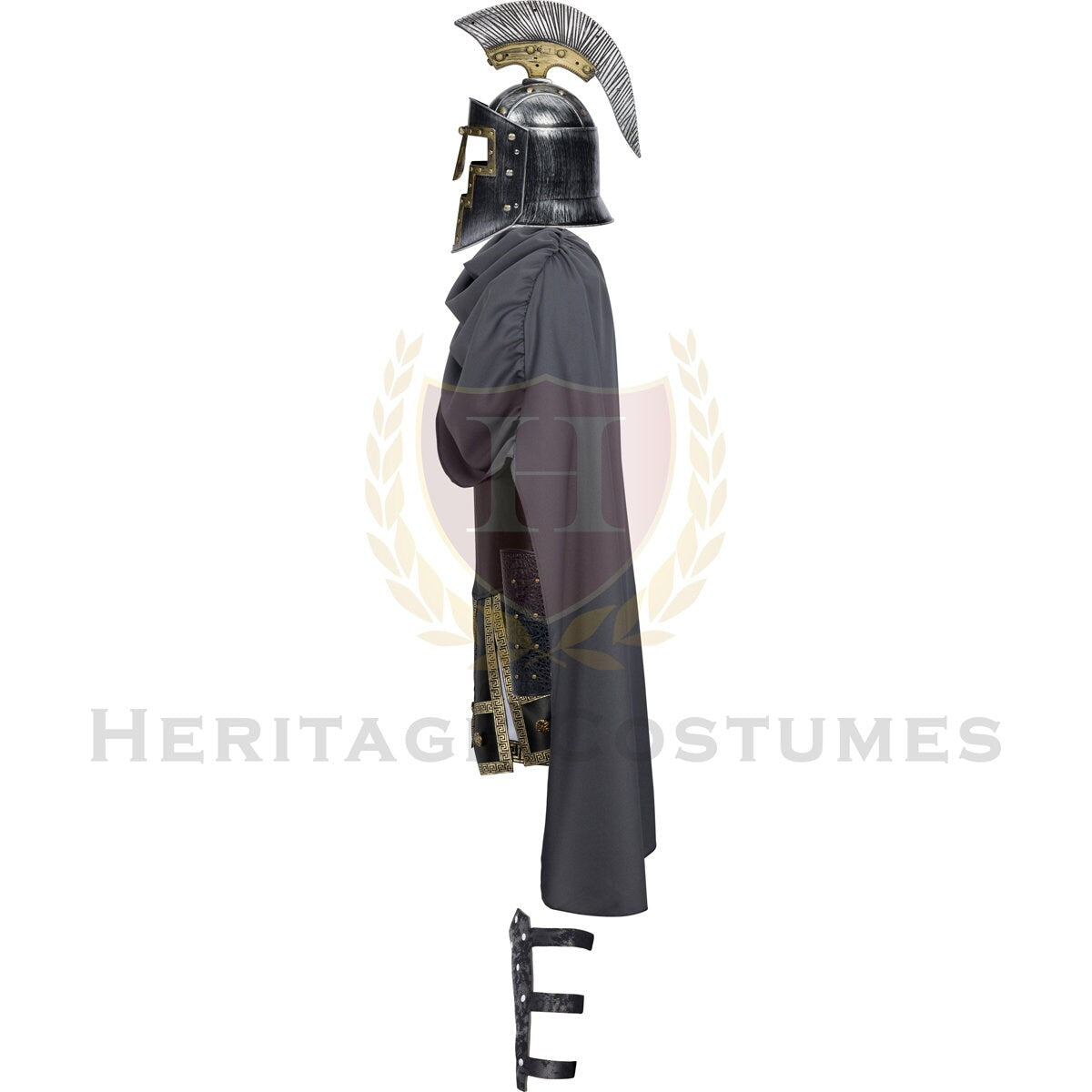 Side view of the Achilles Greek Warrior Adult Costume, showcasing the detailed chest plate, flowing battle cloak, and armored accessories inspired by the legendary Trojan War hero, perfect for historical reenactments and cosplay