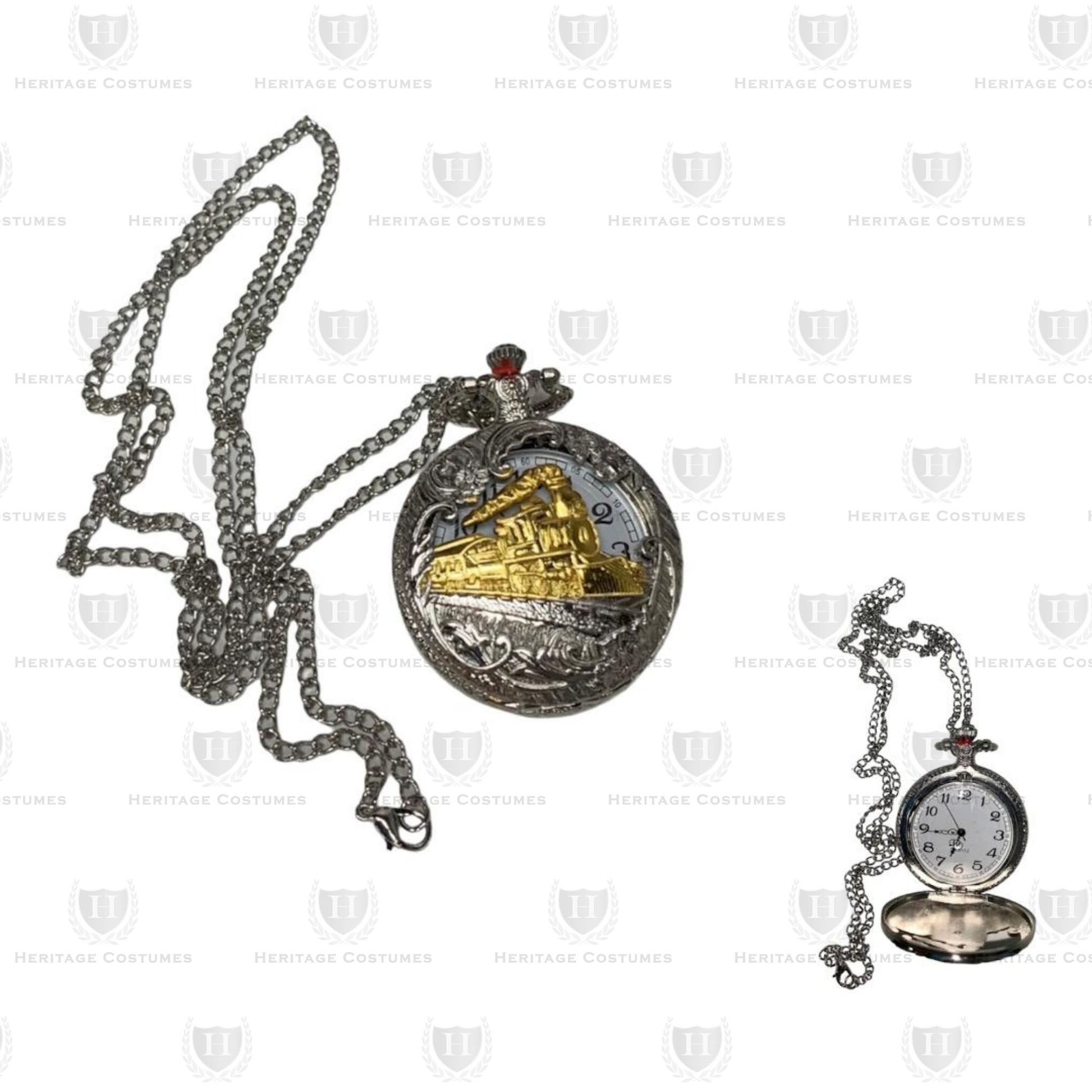 Victorian Pocket Watch features an Old West-inspired design with a decorative chain fob, perfect for adding a touch of vintage elegance to historical reenactments, theatrical performances, and Victorian-era costumes.