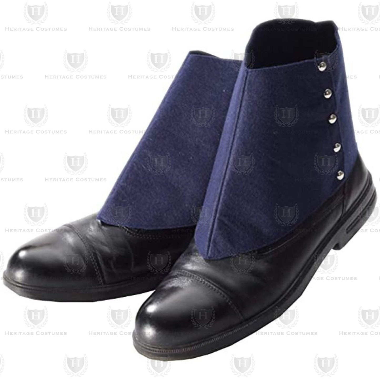 Men's navy button spats are inspired by late 19th-century fashion. They are designed to enhance the look of any shoe with classic vintage charm, capturing the elegance of the spatter dash era.