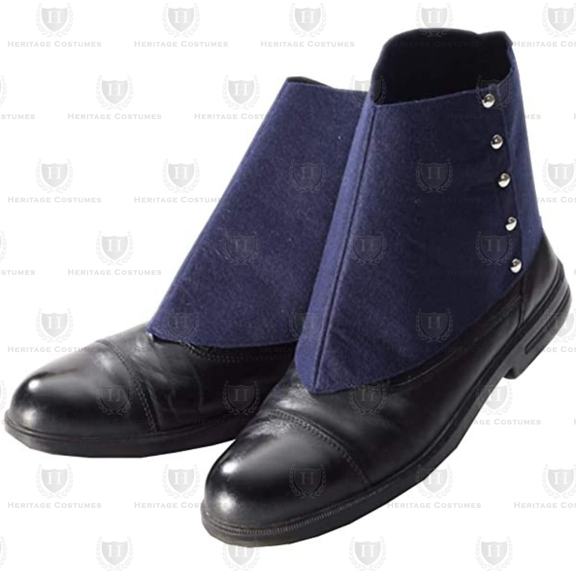 Men's navy button spats are inspired by late 19th-century fashion. They are designed to enhance the look of any shoe with classic vintage charm, capturing the elegance of the spatter dash era.