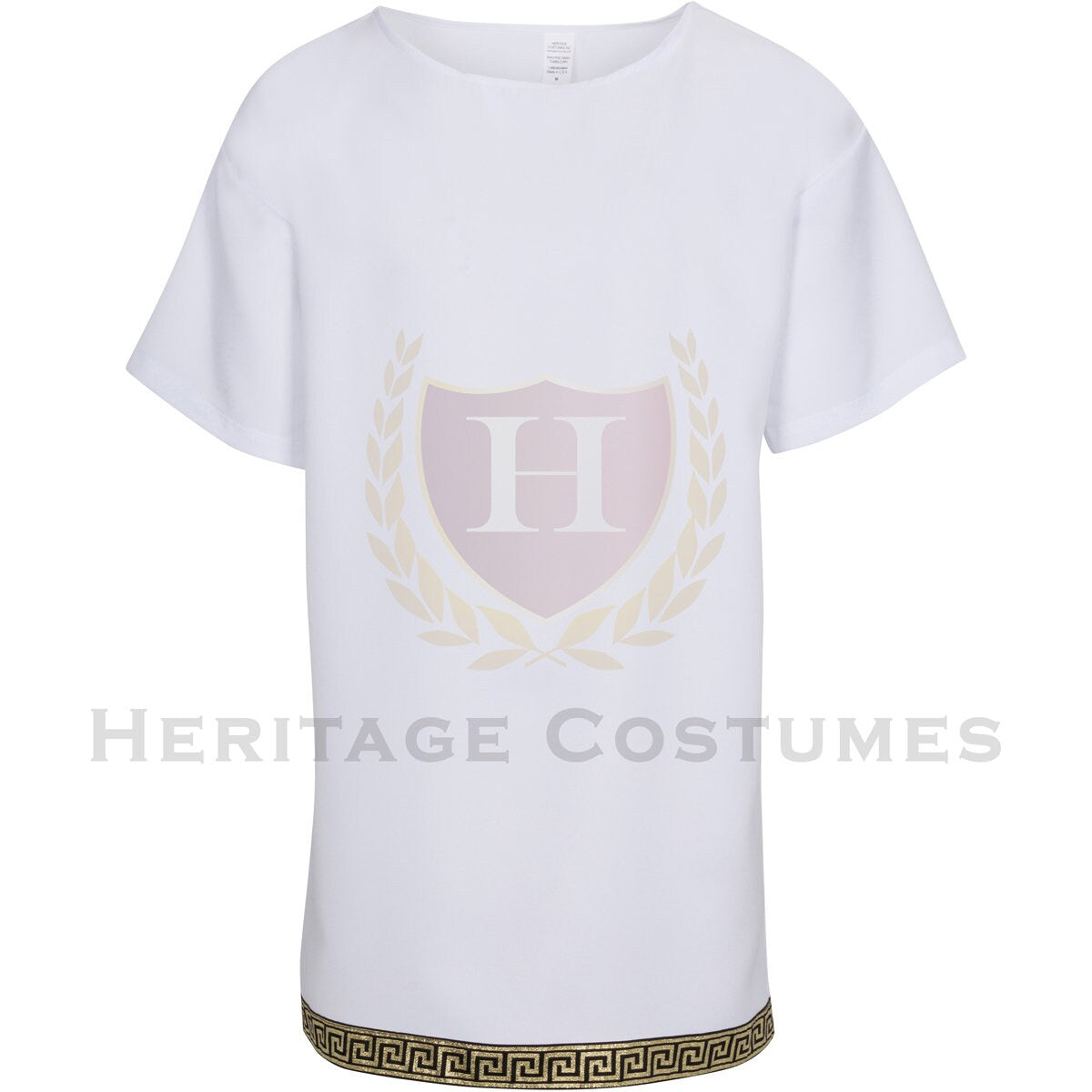 White Achilles Battle Tunic featuring a classic Grecian design with metallic trim, crafted from durable polyester gabardine fabric, perfect for historical reenactments, cosplay, and Greek warrior-themed costumes.