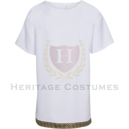 White Achilles Battle Tunic featuring a classic Grecian design with metallic trim, crafted from durable polyester gabardine fabric, perfect for historical reenactments, cosplay, and Greek warrior-themed costumes.