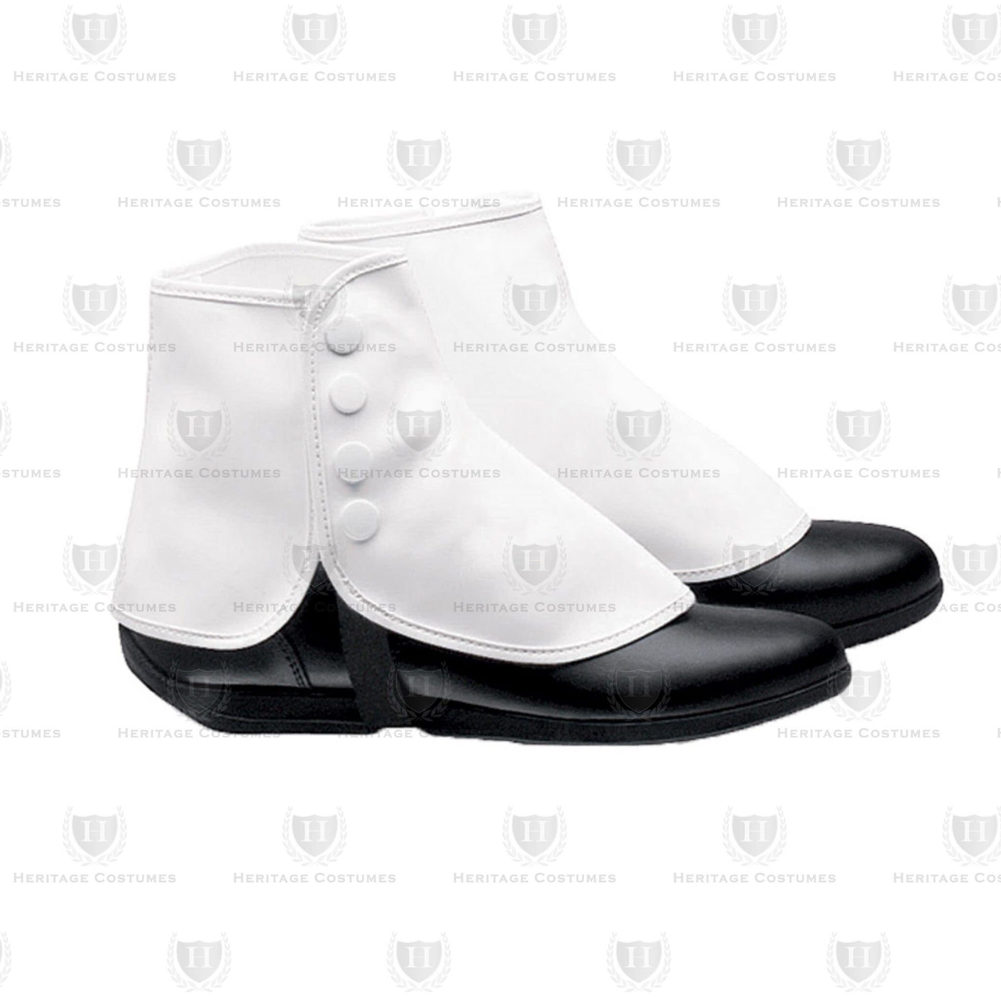 White Vinyl Shoe Spats featuring a button-up design inspired by 19th-century fashion, perfect for enhancing Victorian, Edwardian, and Roaring Twenties costumes for historical reenactments and theatrical performances.