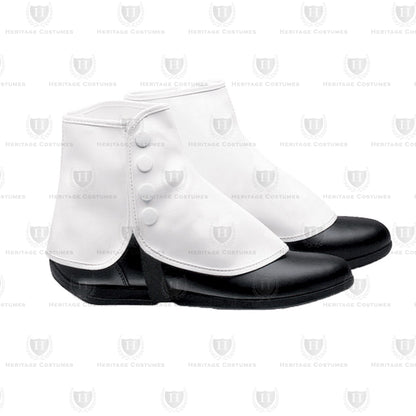 White Vinyl Shoe Spats featuring a button-up design inspired by 19th-century fashion, perfect for enhancing Victorian, Edwardian, and Roaring Twenties costumes for historical reenactments and theatrical performances.