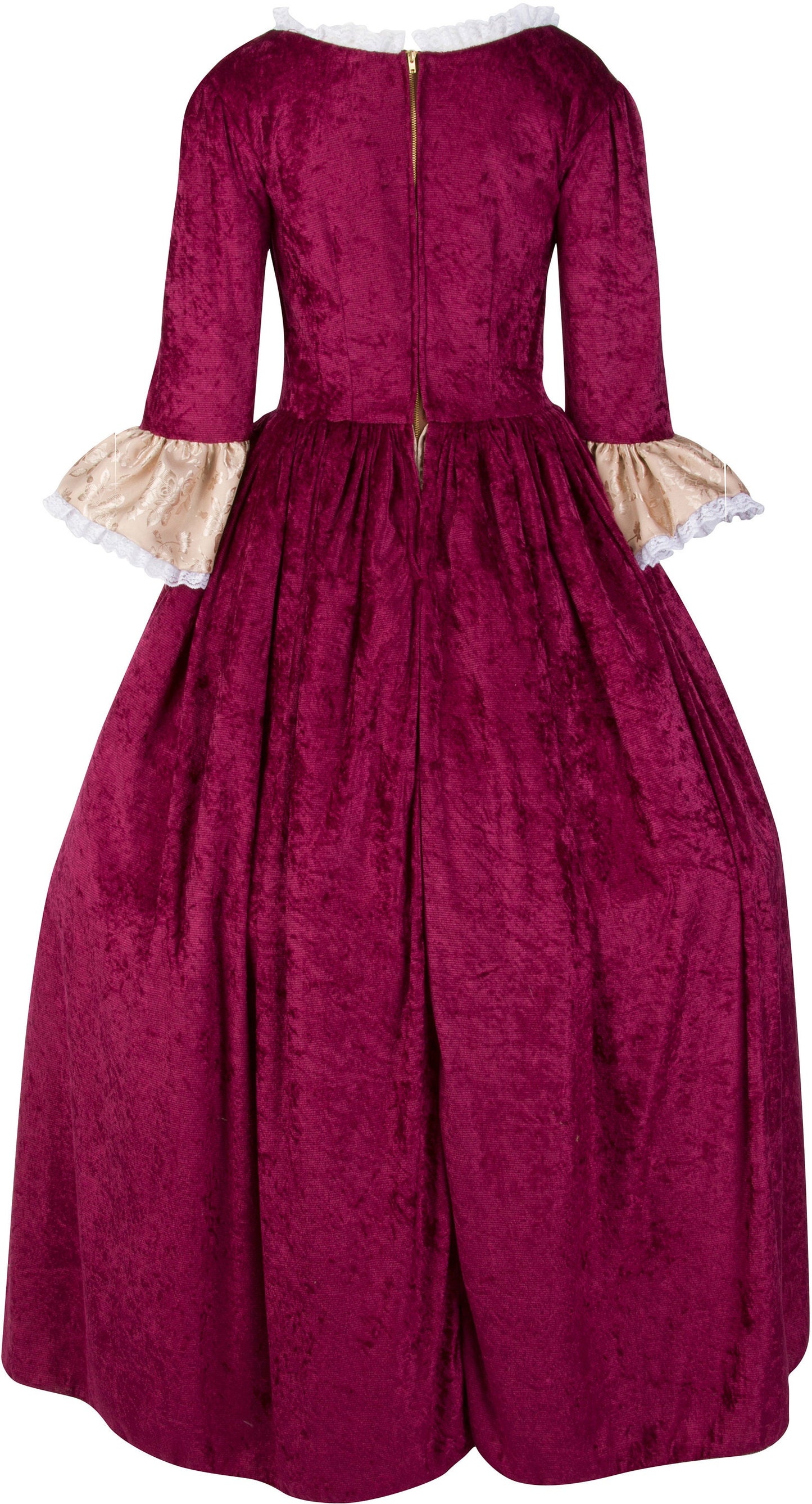 Women's Burgundy Velvet and Sand Satin Jacquard Colonial Dress