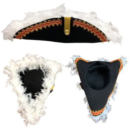 Colonial Inspired Commander Tricorne, Officer's Tricorn, or Pirate Hat with Gold and Red Colored Trim and Feathers