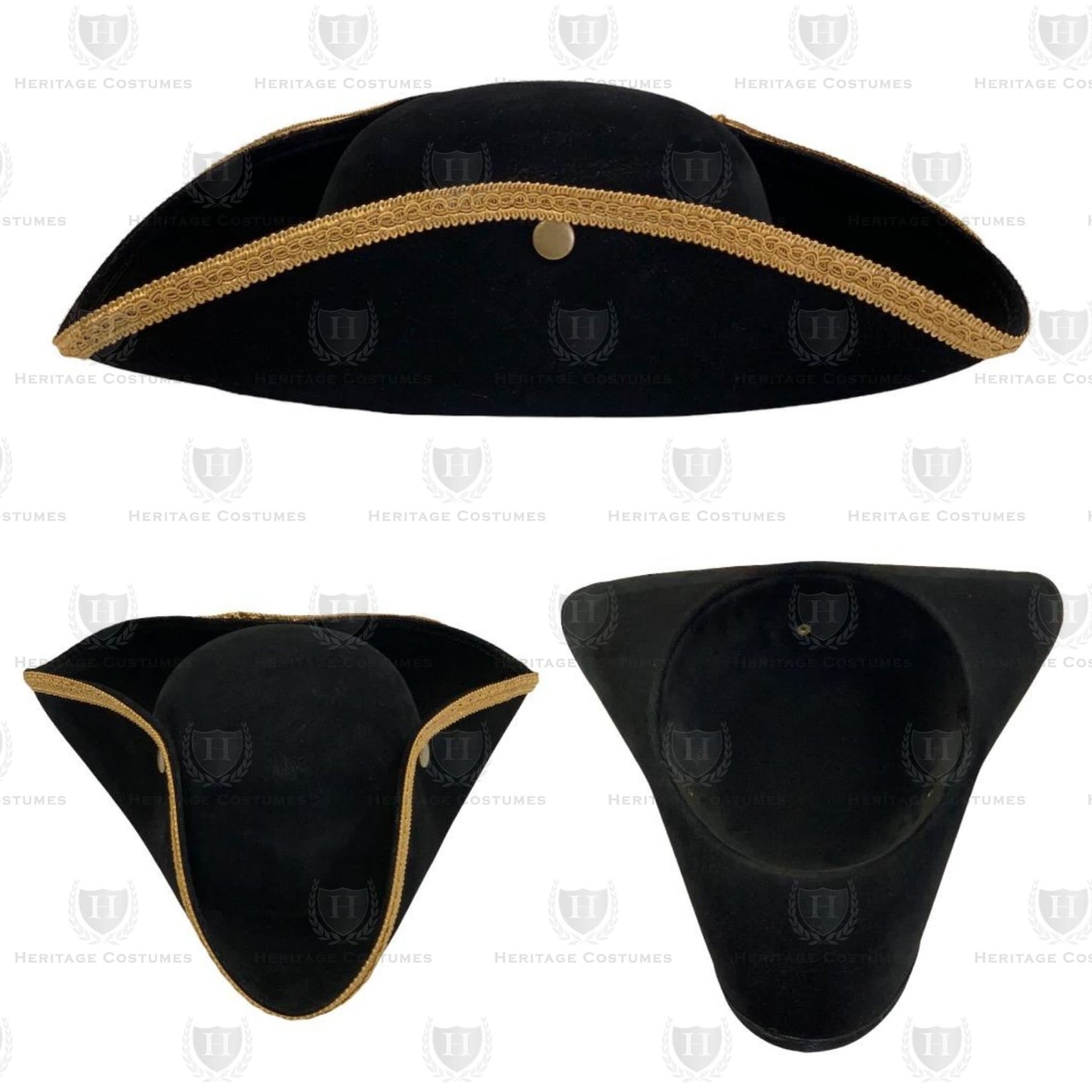 Colonial Tri-corner Hat (Black, W/Gold Braid Trim, W/ White Trim, or Brown)