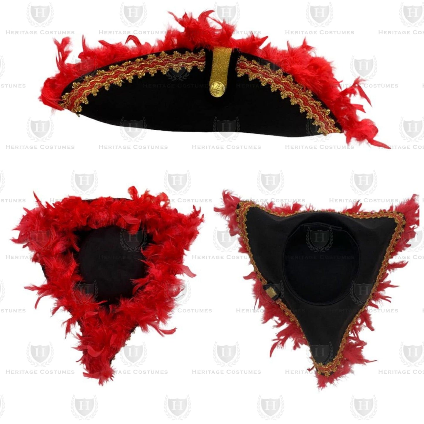 Colonial Inspired Commander Tricorne, Officer's Tricorn, or Pirate Hat with Gold and Red Colored Trim and Feathers