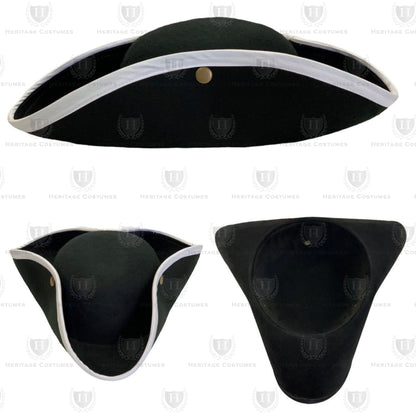 Colonial Tri-corner Hat (Black, W/Gold Braid Trim, W/ White Trim, or Brown)